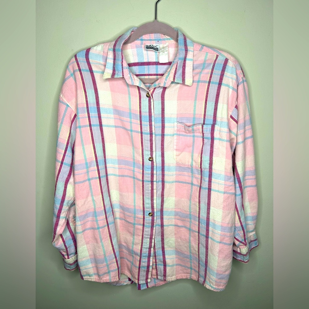 Vintage Western Cowgirl Pink Plaid Flannel Button Up by Basic Editions Size L XL